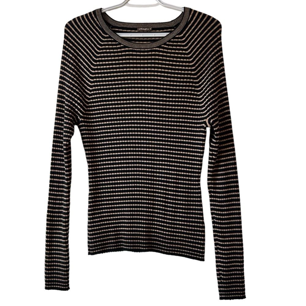 J.McLaughlin Striped Ribbed Knit Fitted Crewneck Sweater Women’s Sz XL Black Tan